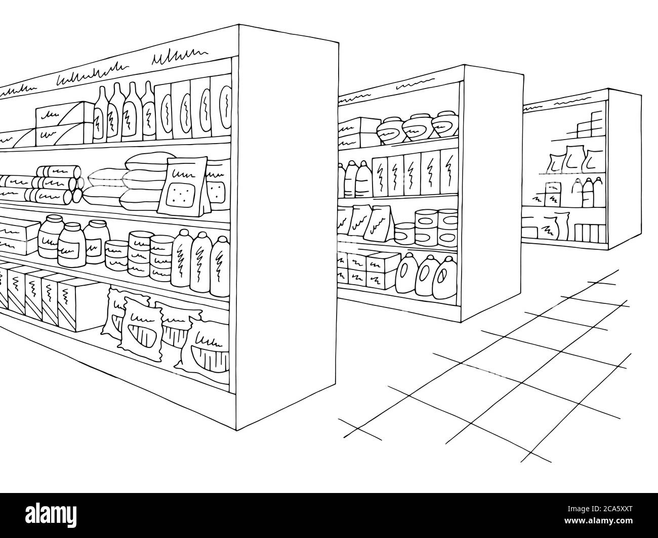 Grocery store shop interior black white graphic sketch illustration vector Stock Vector