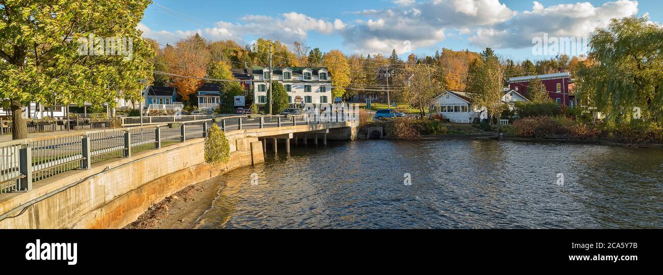 View of lake and town, North Hatley, Lake Massawippi, Eastern Townships, Estrie, Quebec Provence, Canada Stock Photo