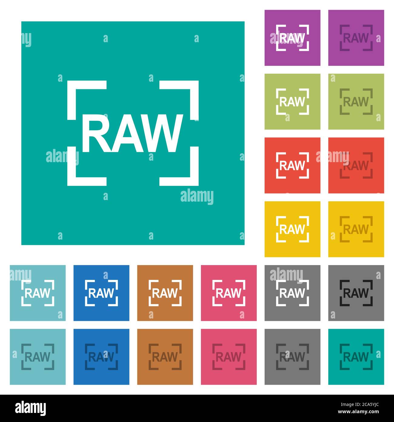 Camera raw image mode multi colored flat icons on plain square backgrounds. Included white and darker icon variations for hover or active effects. Stock Vector