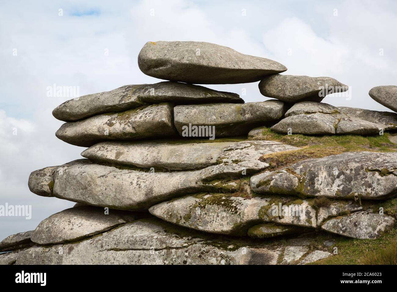 The Cheesewring stone cairns, a pile of large flat stones in Cornwall, UK Stock Photo