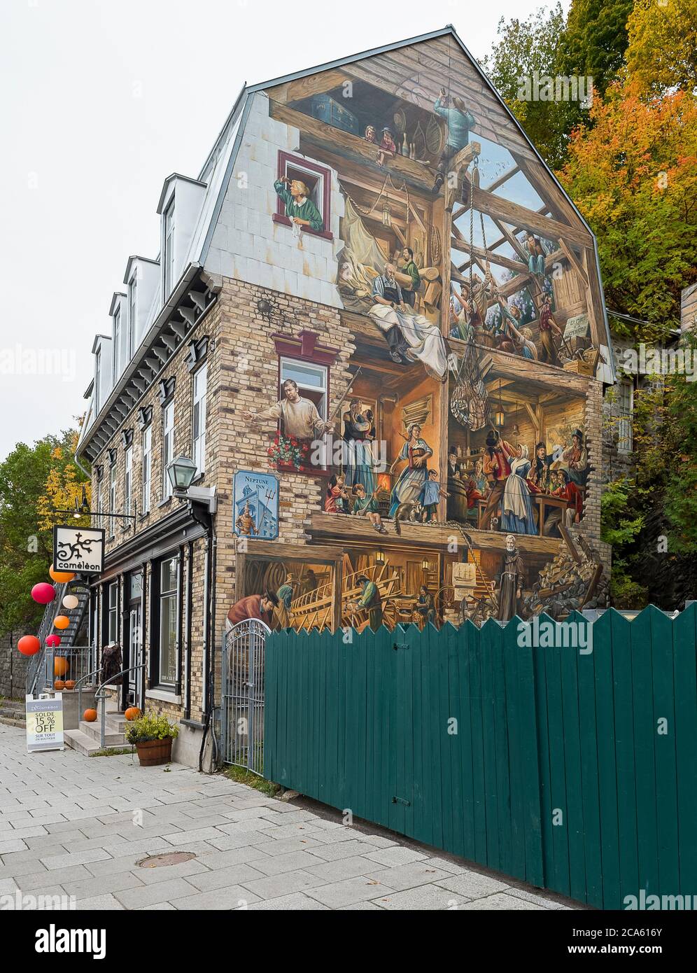 Fresco on side of townhouse, La Fresque du Petit-Champlain, Rue Petit Champlain, Lower Town, Old Quebec, Canada Stock Photo