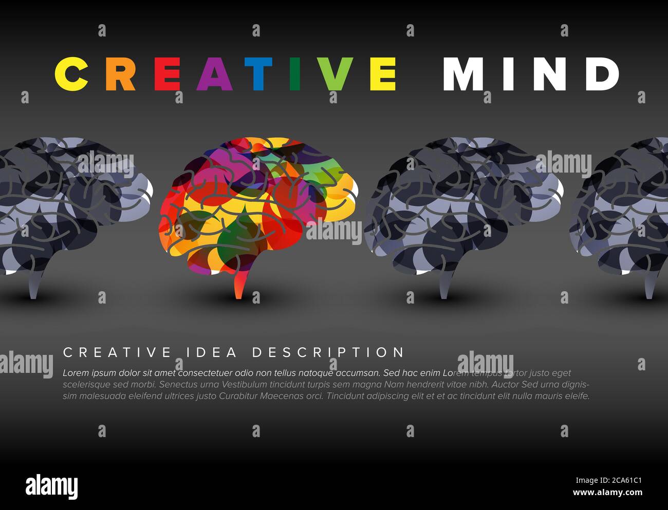 Creativity concept illustration template made from brain icons - dark ...