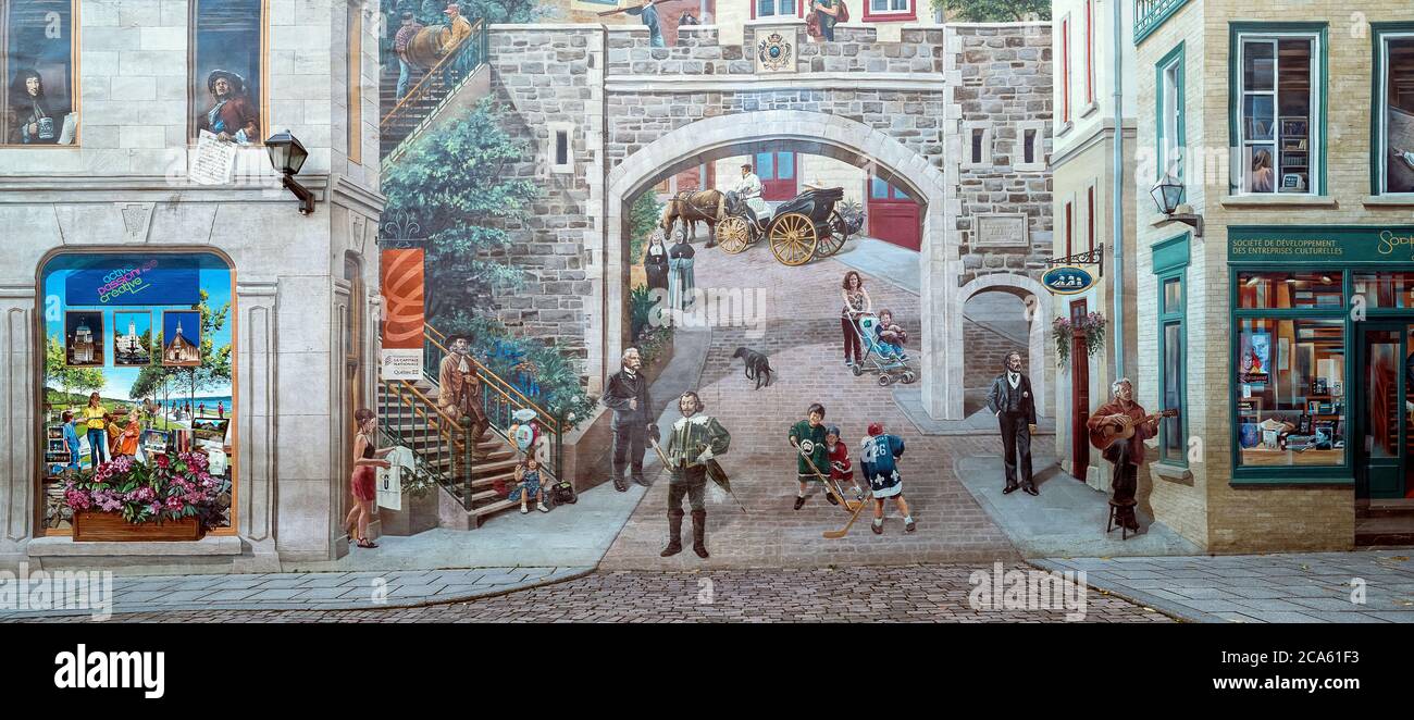Cityscape of Lower Town, La Fresque des Quebecois, Old Quebec, Quebec Provence, Canada Stock Photo