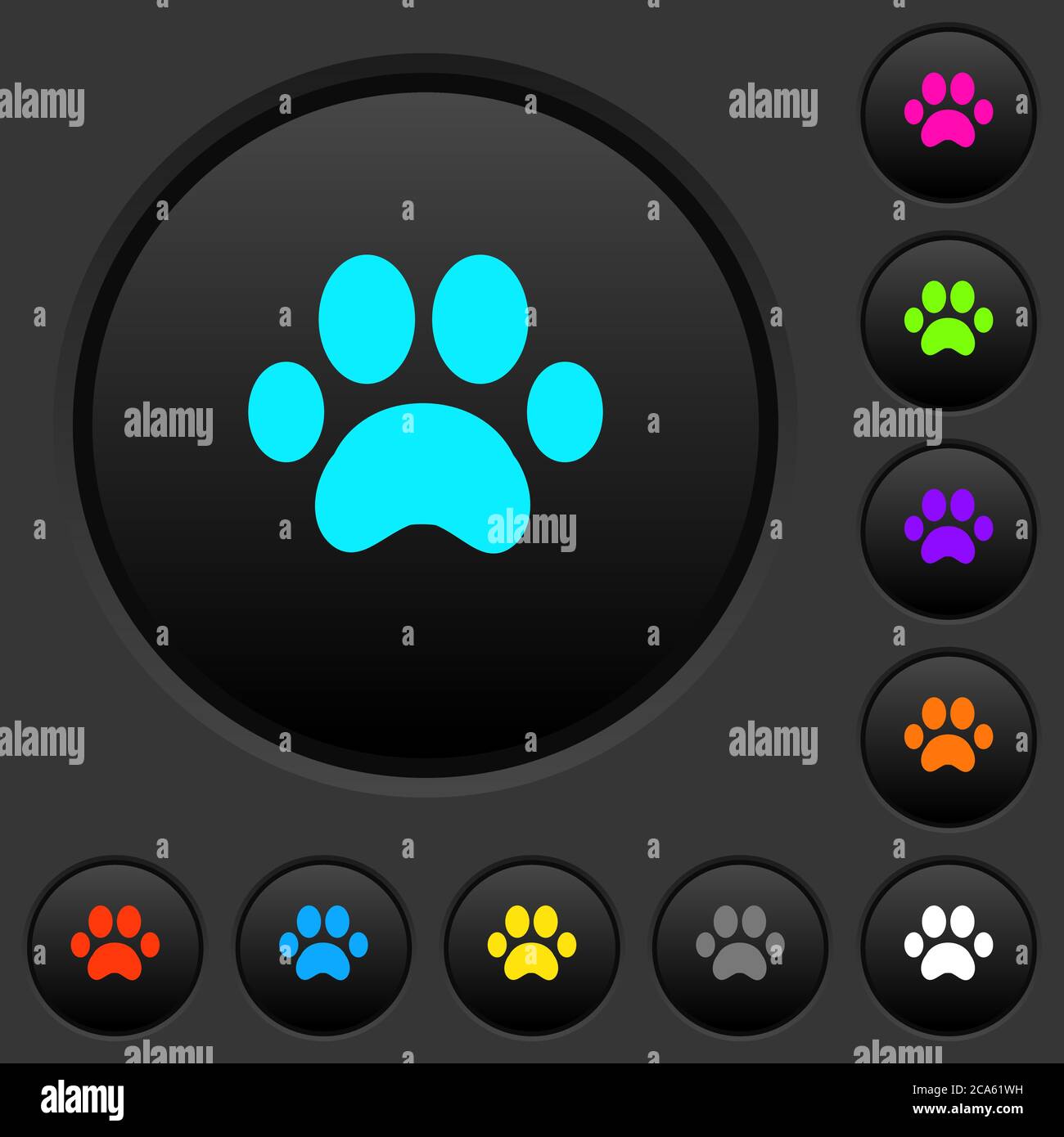 Paw prints dark push buttons with vivid color icons on dark grey ...
