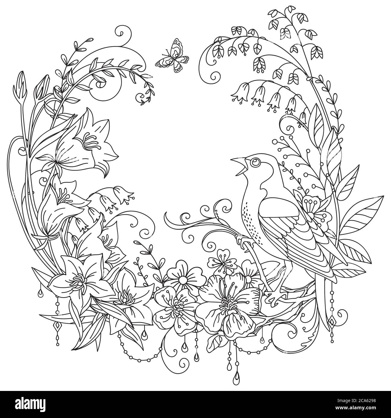 Vector coloring ornamental wreth with bird and meadow flowers in circle composition. Decorative illustration black contour drawing isolated on white. Stock Vector