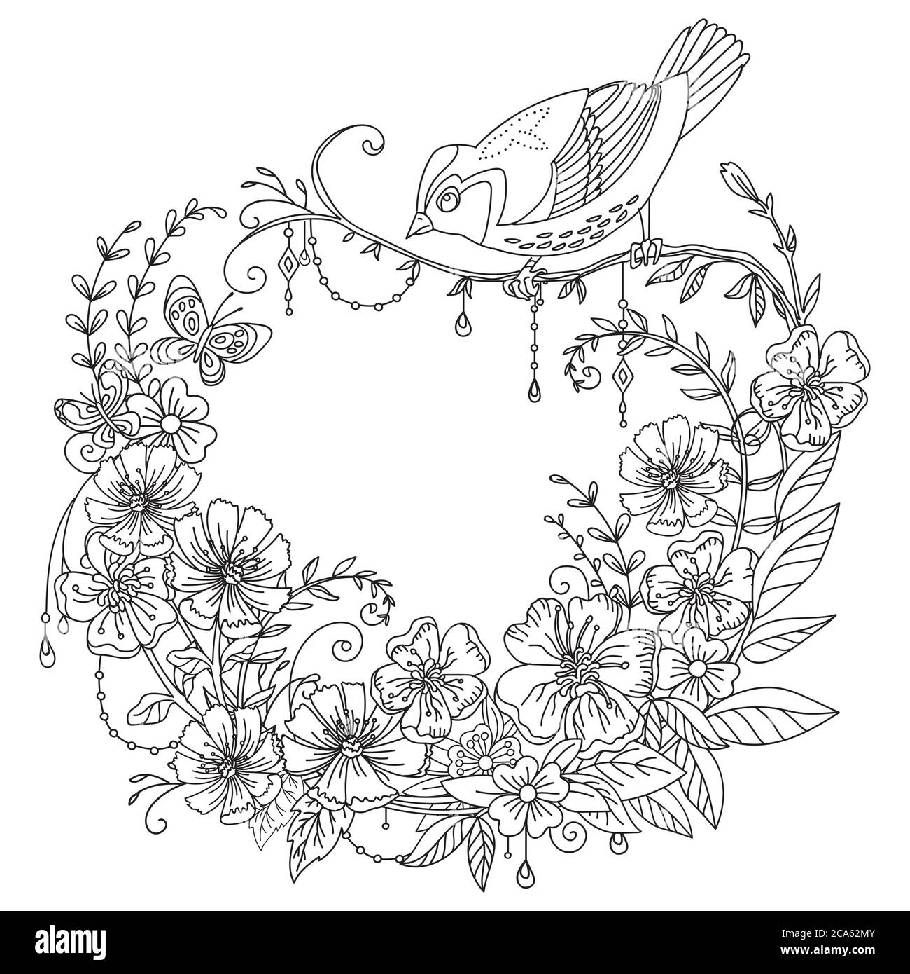 Vector coloring ornamental wreth with songbird and flowers in circle composition. Decorative illustration black contour drawing isolated on white. For Stock Vector