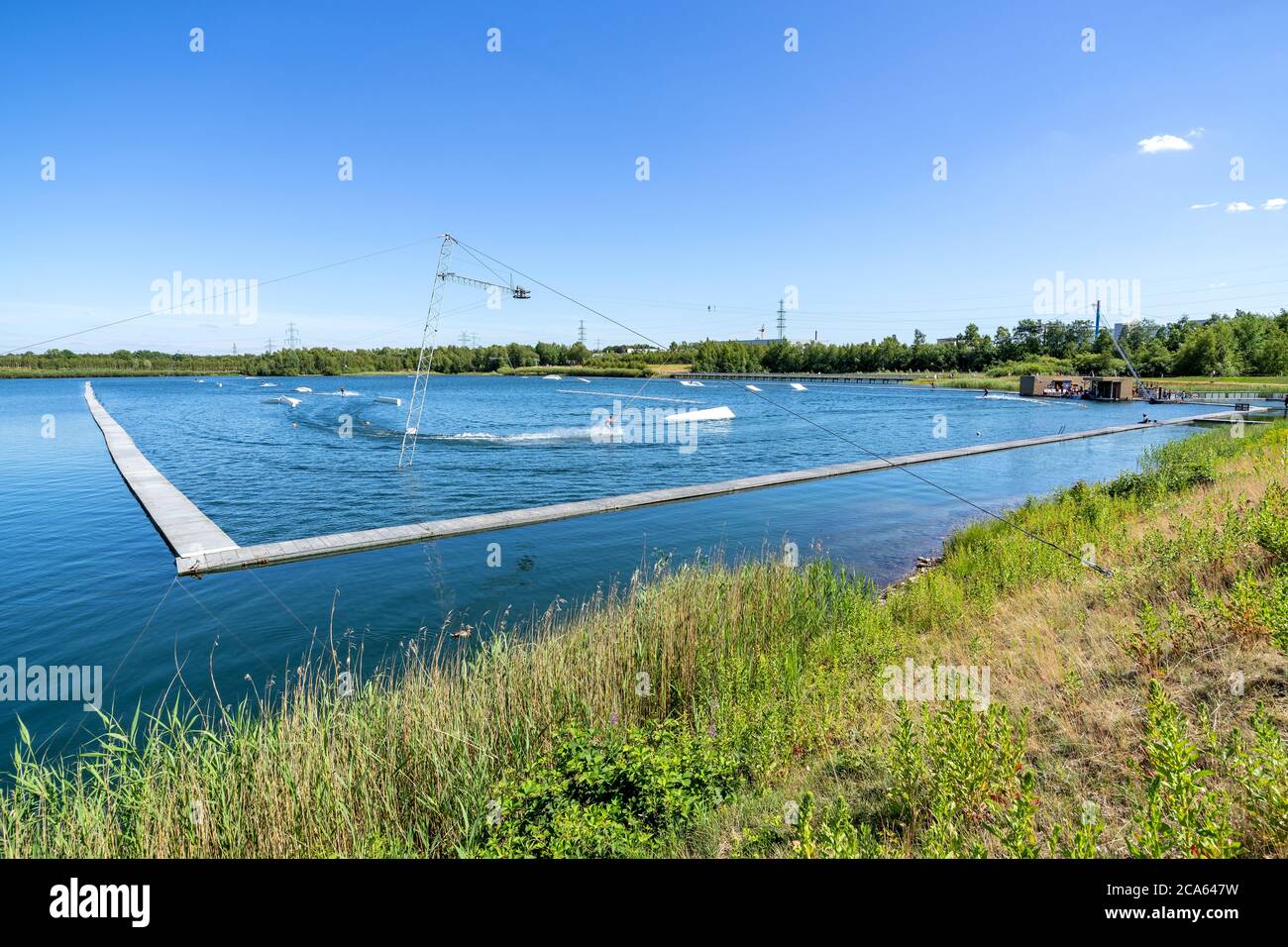 cable ski course in the municipal park of Norderstedt, Germany Stock Photo