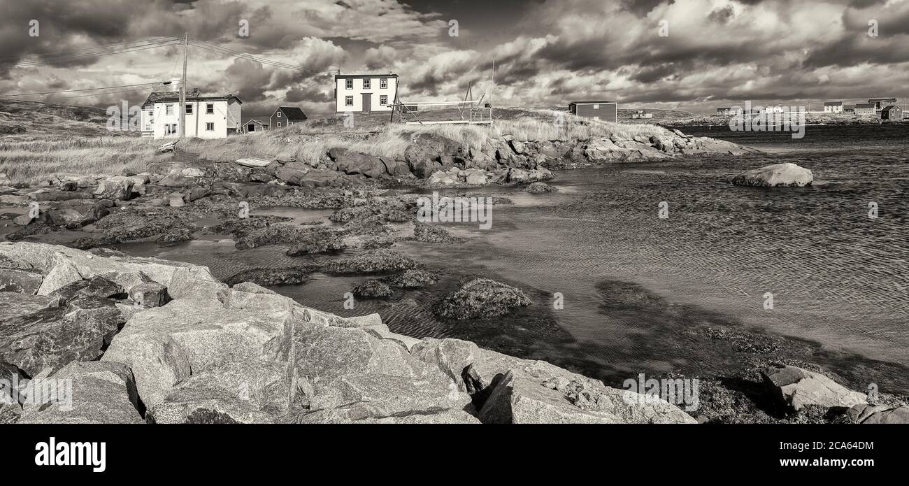 View of fishing stages, Tilting, Fogo Island, Newfoundland Stock Photo