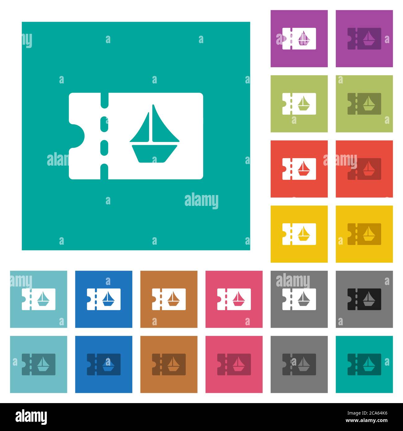 cruise discount coupon multi colored flat icons on plain square backgrounds. Included white and darker icon variations for hover or active effects. Stock Vector