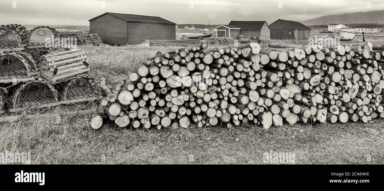 Stack of wood at fishing outpost, Western Newfoundland, Canada Stock Photo