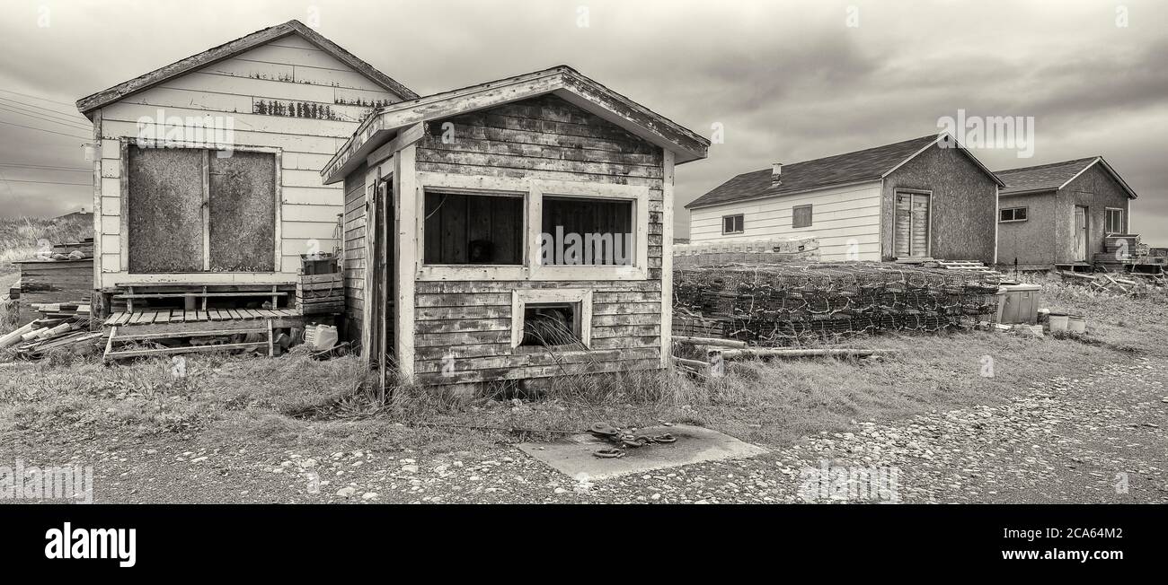 Buildings at fishing outpost, Western Newfoundland, Canada Stock Photo