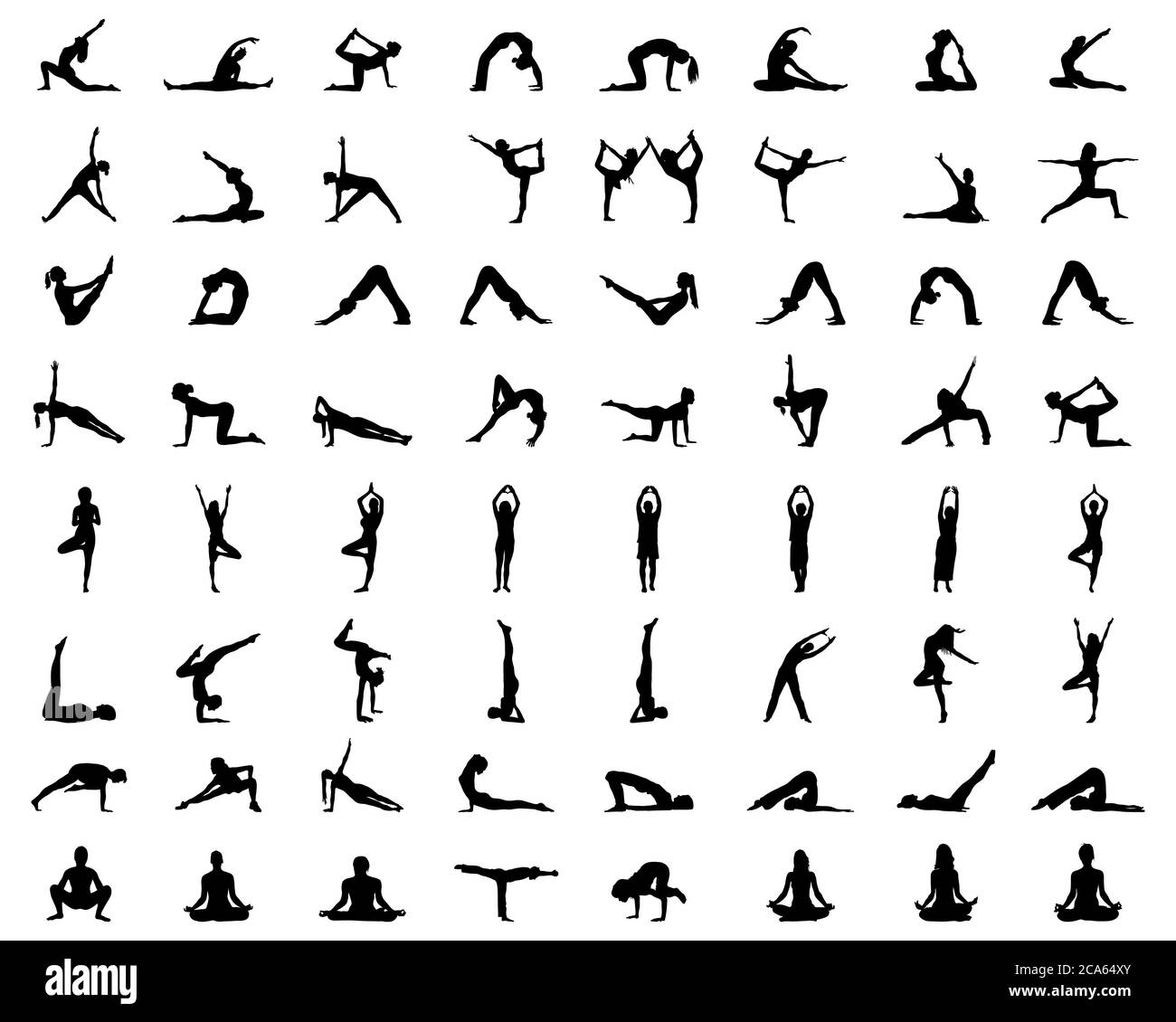 Black silhouettes of yoga and fitness on a white background Stock Photo