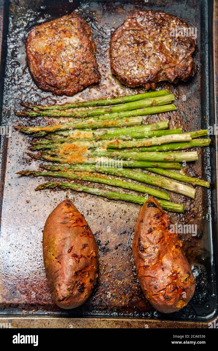 Well done beef rib boneless club steak with parmesan garlic asparagus