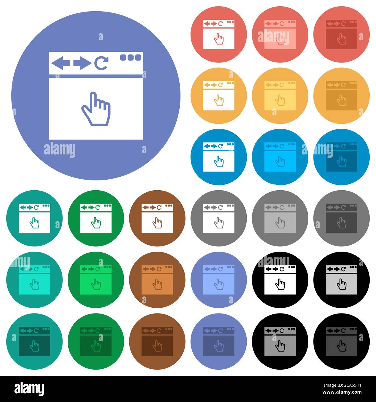 Browser pointer cursor multi colored flat icons on round backgrounds. Included white, light and dark icon variations for hover and active status effec Stock Vector