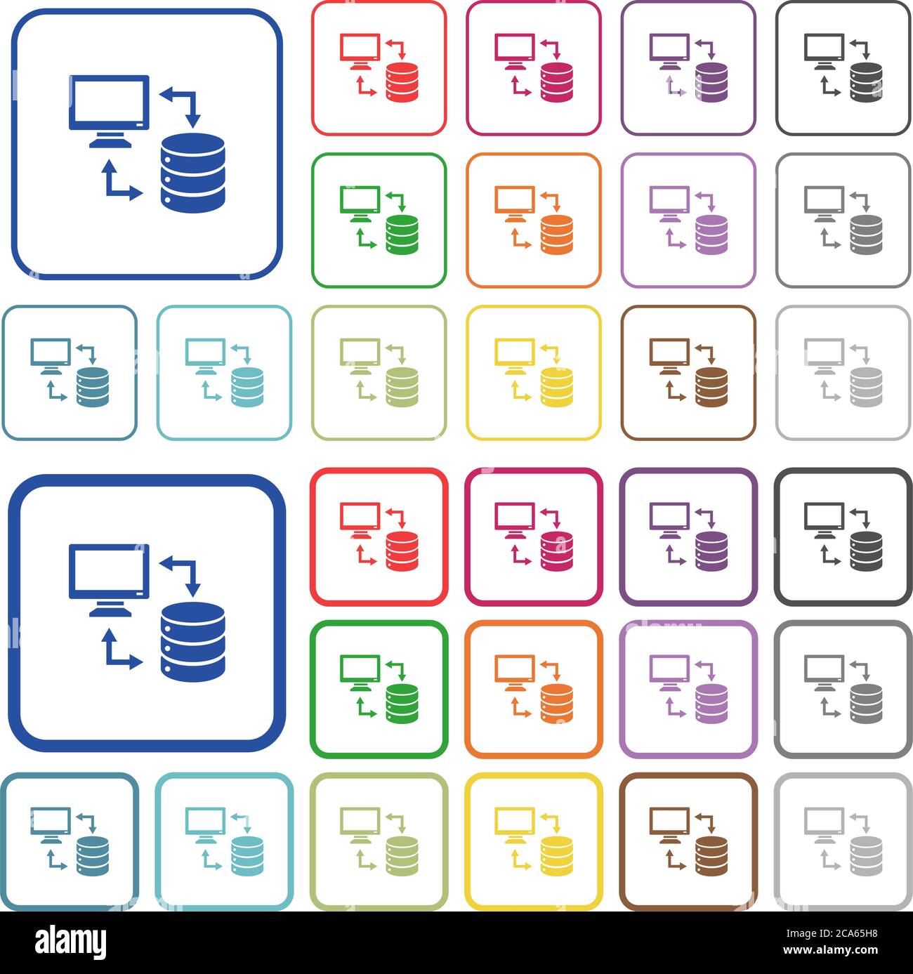 Syncronize data with database color flat icons in rounded square frames. Thin and thick versions included. Stock Vector