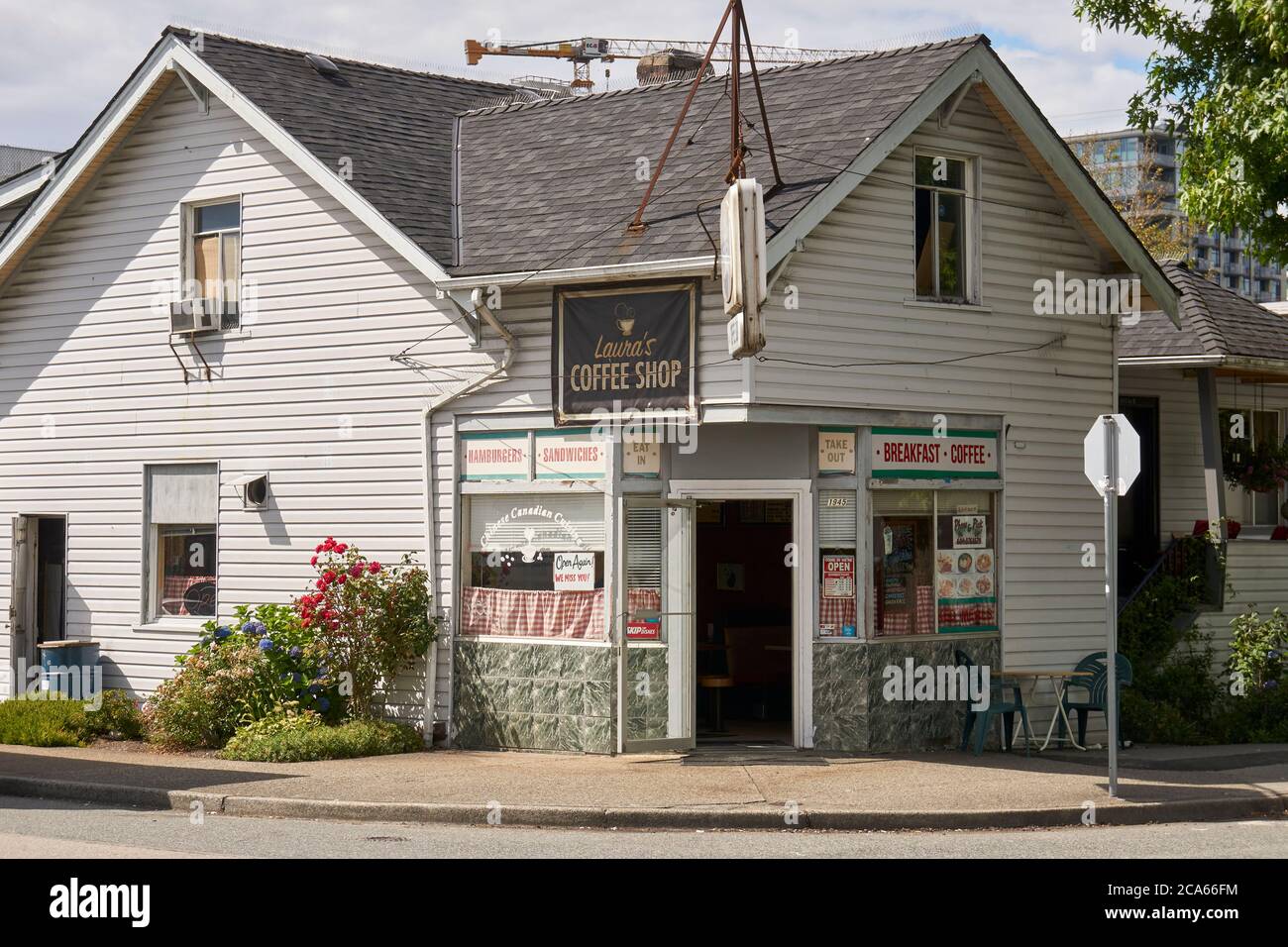 Old fashioned  coffee shop and corner store in Vancouver, British Columbia, Canada Stock Photo