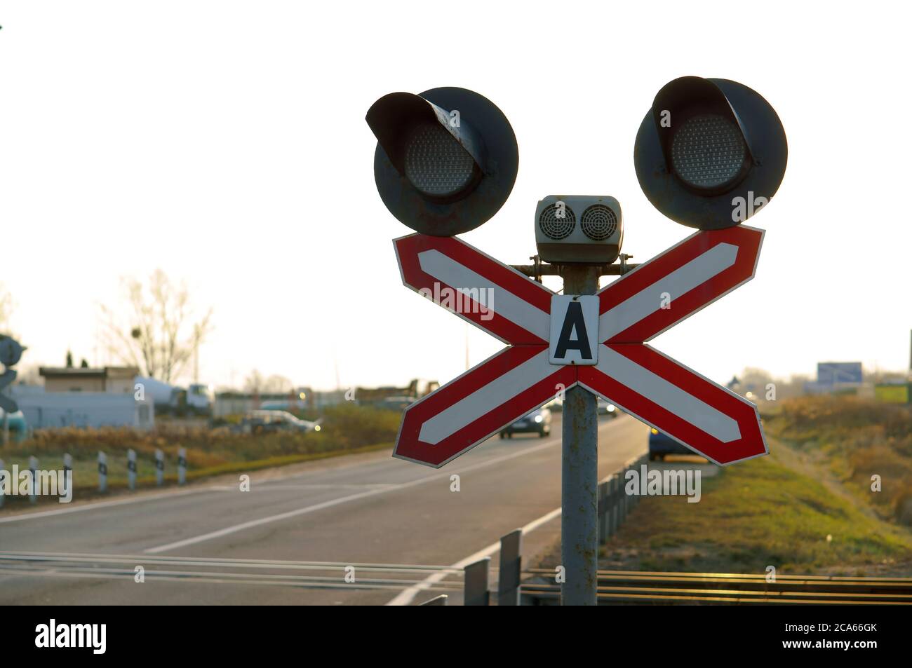 Railroad Crossing And Traffic Light Traffic Lights At A Railway Crossing Railway Semaphore Stock Photo Alamy