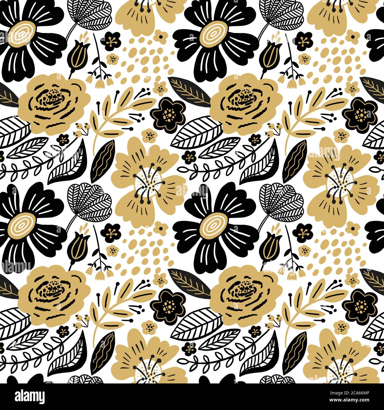 Vector floral seamless pattern gold and black colors. Flat flowers, petals, leaves with and doodle elements. Collage style botanical background for Stock Vector