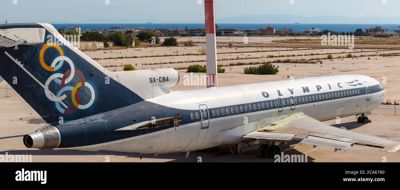 Old Boeing 747 of Olympic Airways, once the national carrier of Greece, founded by the millionaire Onassis, at the old airport of Athens, at Elliniko Stock Photo