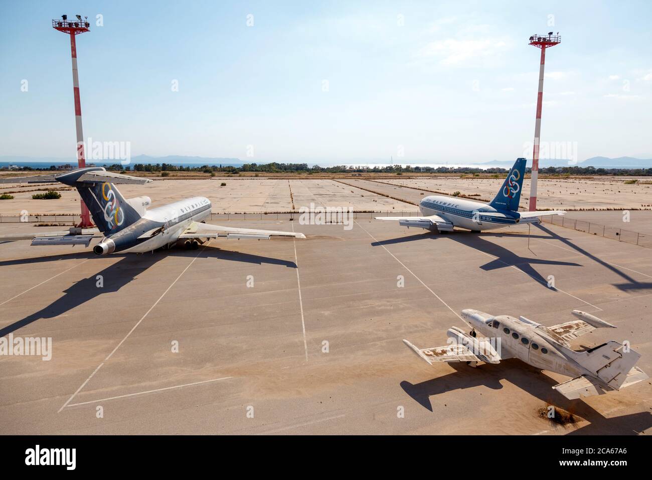 Old aircrafts of Olympic Airways abandoned at the old airport of Athens, at Elliniko district. The airport is no longer in use since 2001 Stock Photo