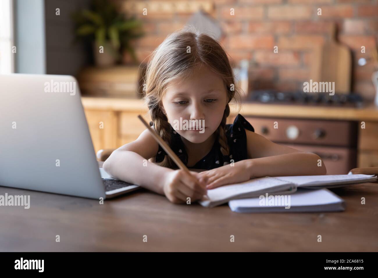 Smart little girl study on laptop at home Stock Photo