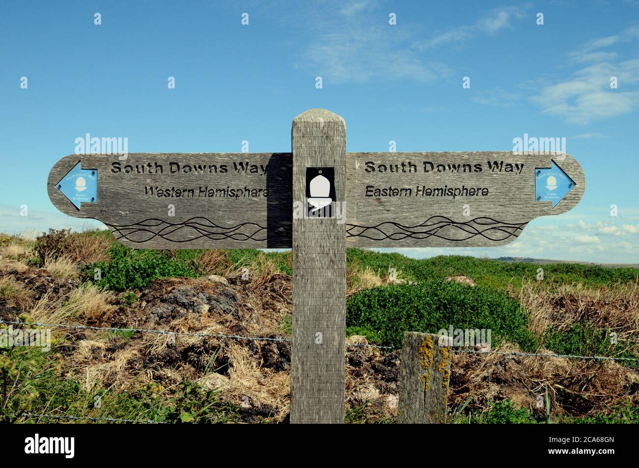 A fingerpost on the South Downs Way in East Sussex marking the Greenwich Meridian. It is the line through which longitude is measured. Stock Photo