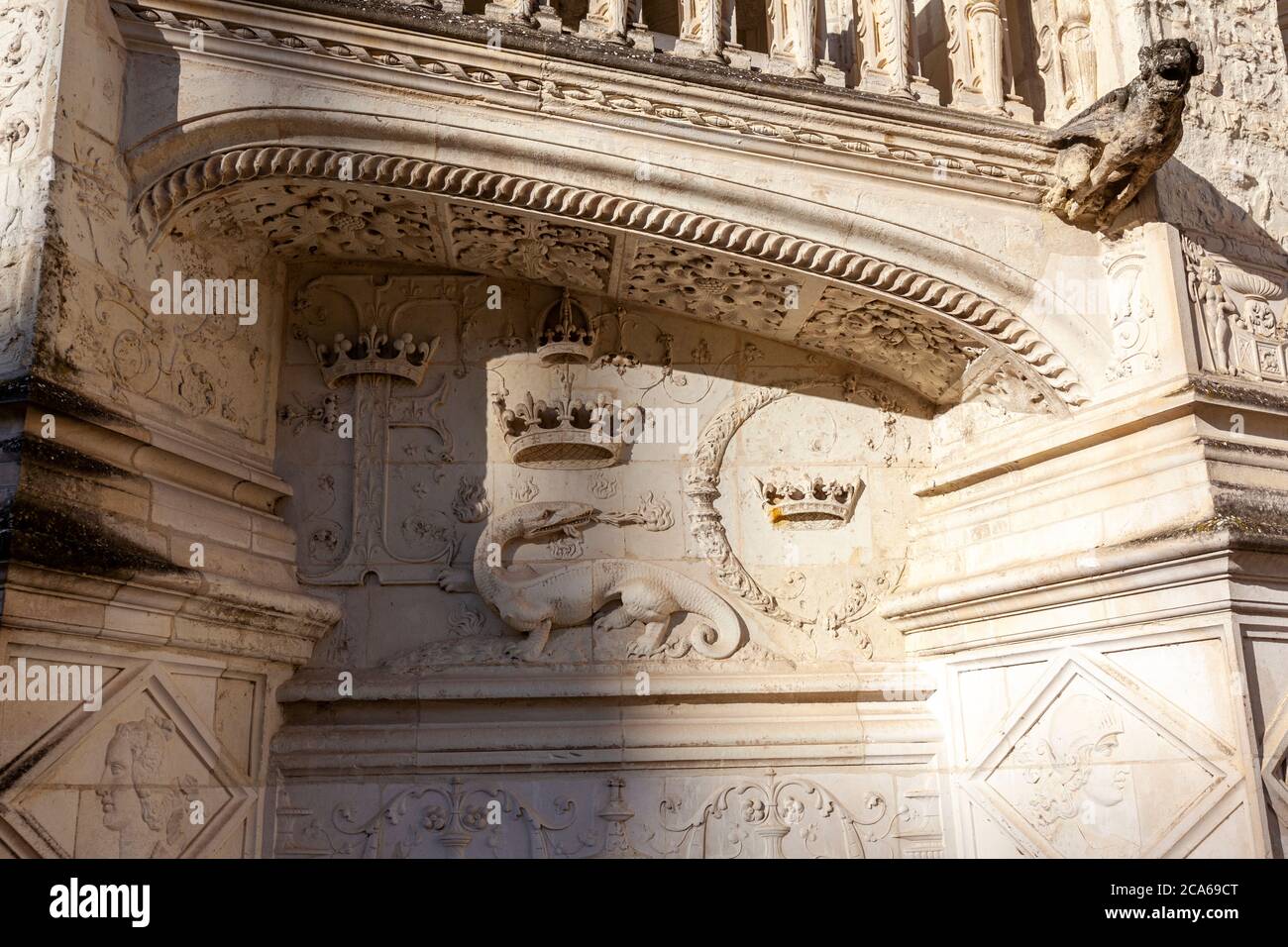 Salamander breathing fire, symbol of King Francois I, Château de Blois
