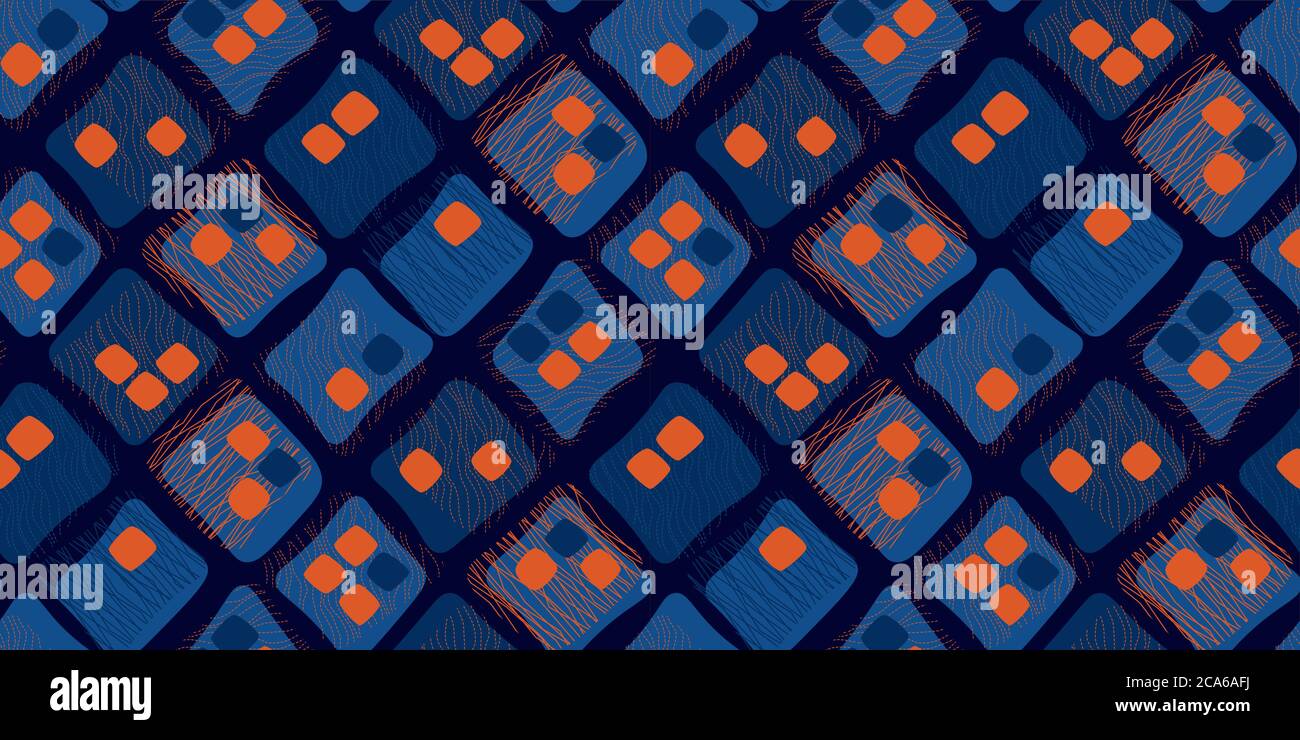 Midcentury style contrast orange and night blue color seamless pattern for background, fabric, textile, wrap, surface, web and print design. Abstract Stock Vector