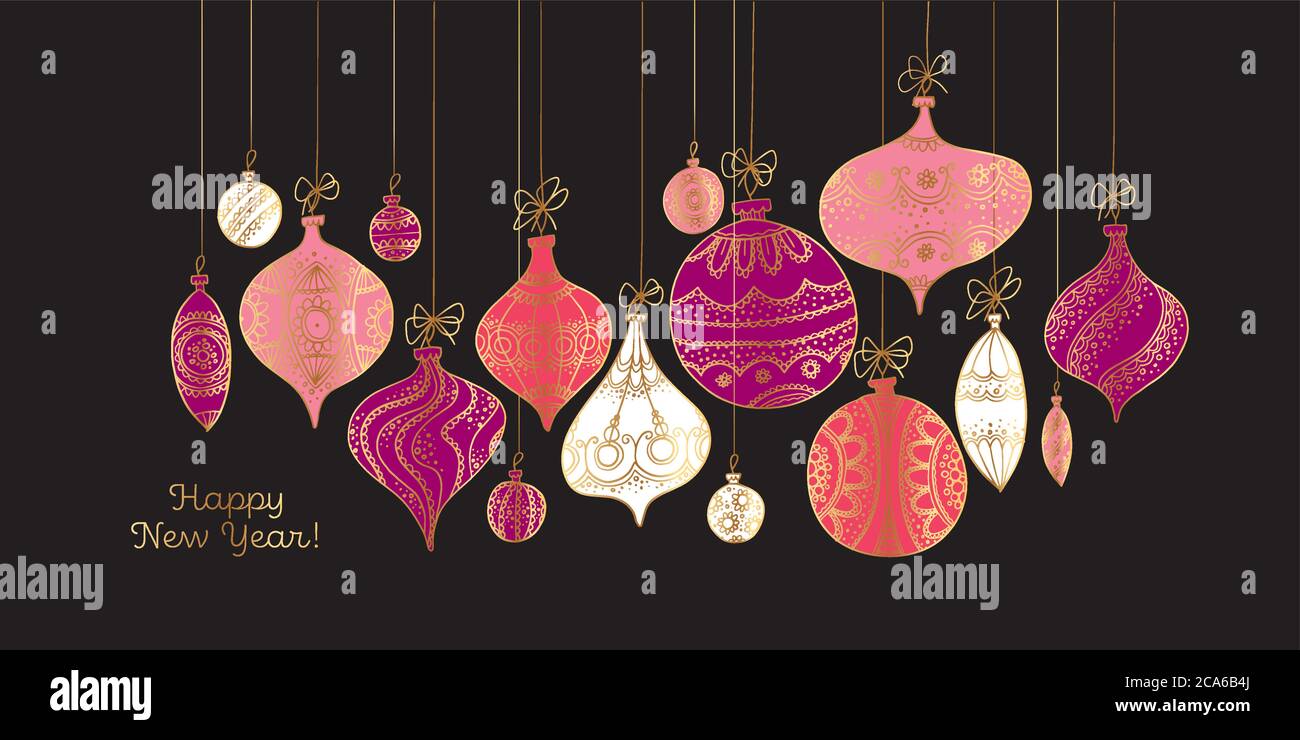 Decorative xmas card with hanging vintage bauble on black background. Retro style luxury naive hand drawn christmas decoration for card, header, invit Stock Vector