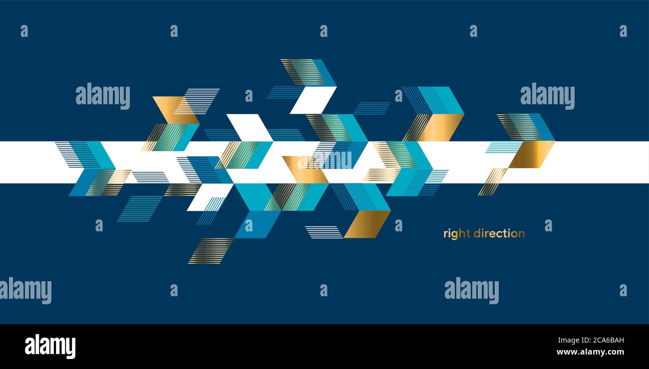 Arrows on background blue and gold geometric composition for card, header, invitation, poster, social media, post publication. Stock Vector