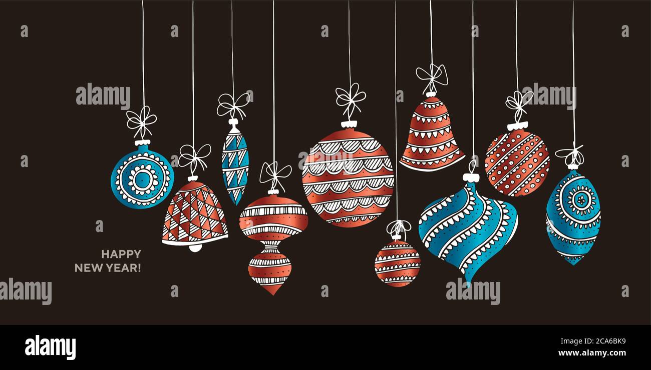 Fun foil colors hand drawn xmas baubles for card, header, invitation, poster, social media, post publication. Christmas and New year decoration elemen Stock Vector