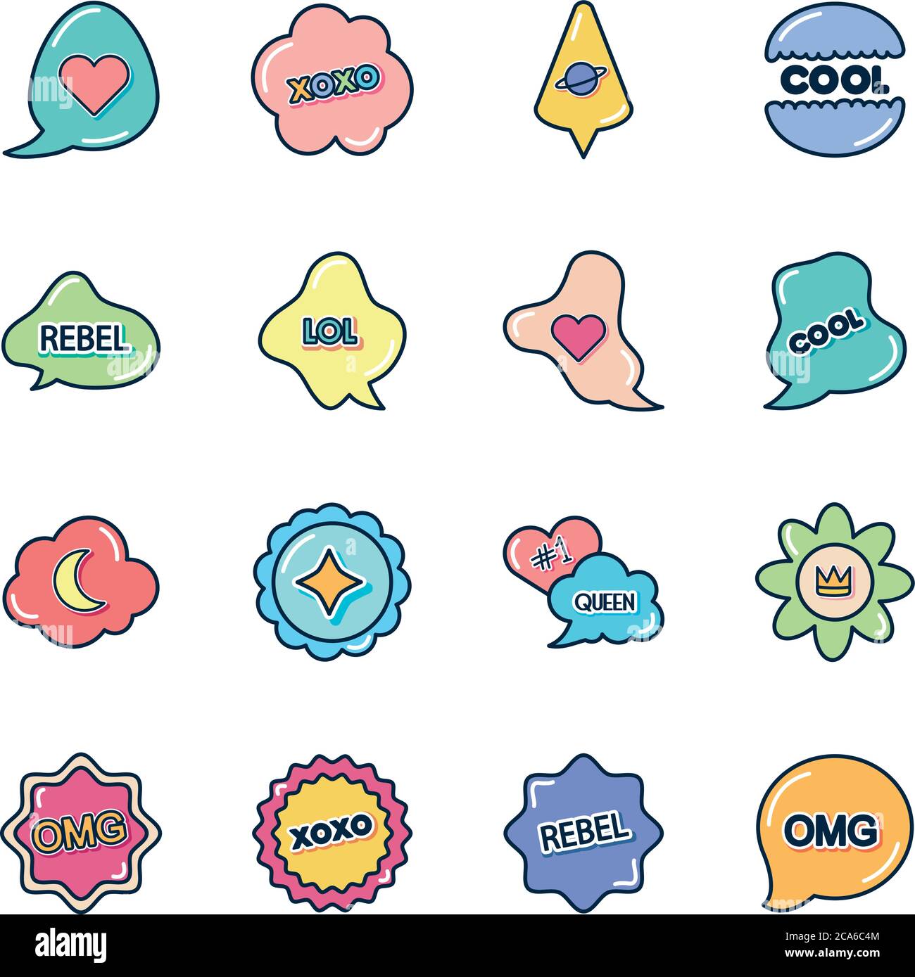 icon set of slang bubbles and flowers over white background, flat style