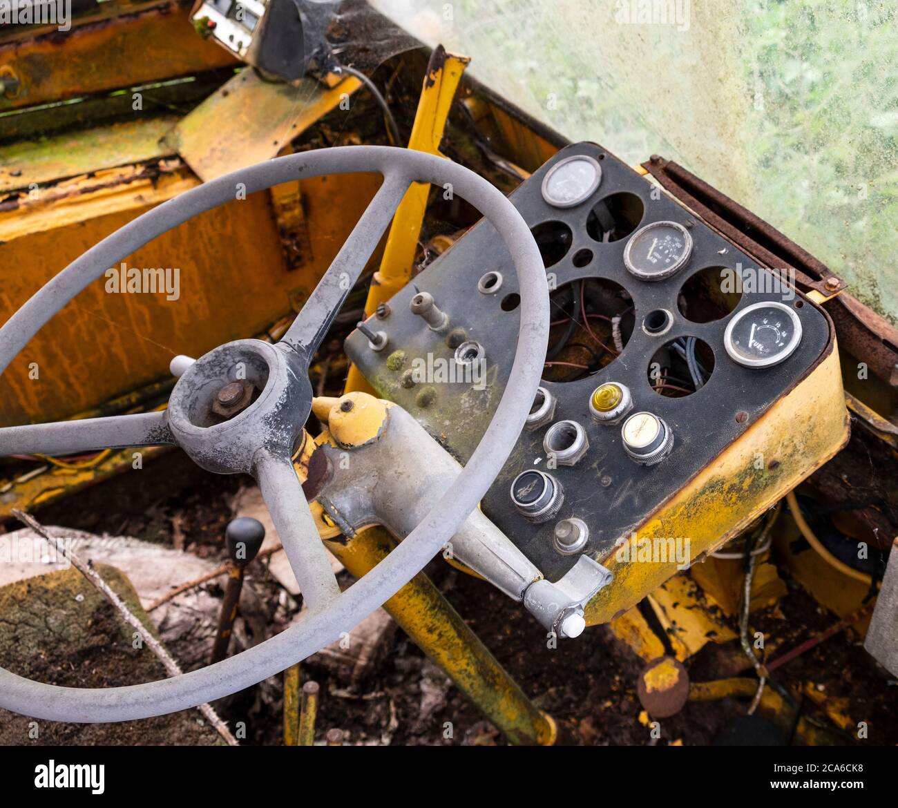 Old mobile crane cab controls Stock Photo Alamy