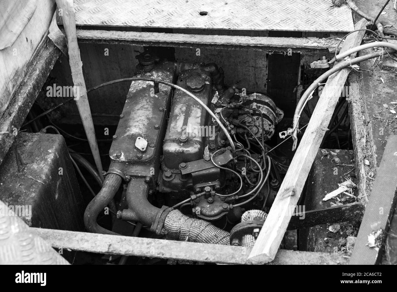 Dirty old narrow boat engine Stock Photo Alamy
