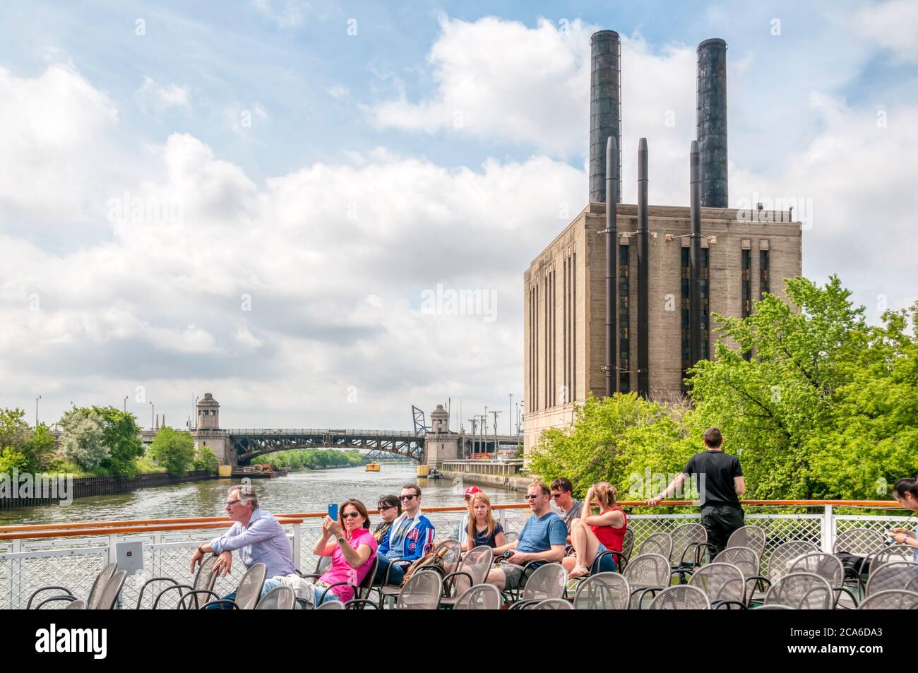 Visitors on an architectural boat tour of Chicago in front of the iconic Union Station power house. Designed in 1931 in the Art Moderne style. Stock Photo