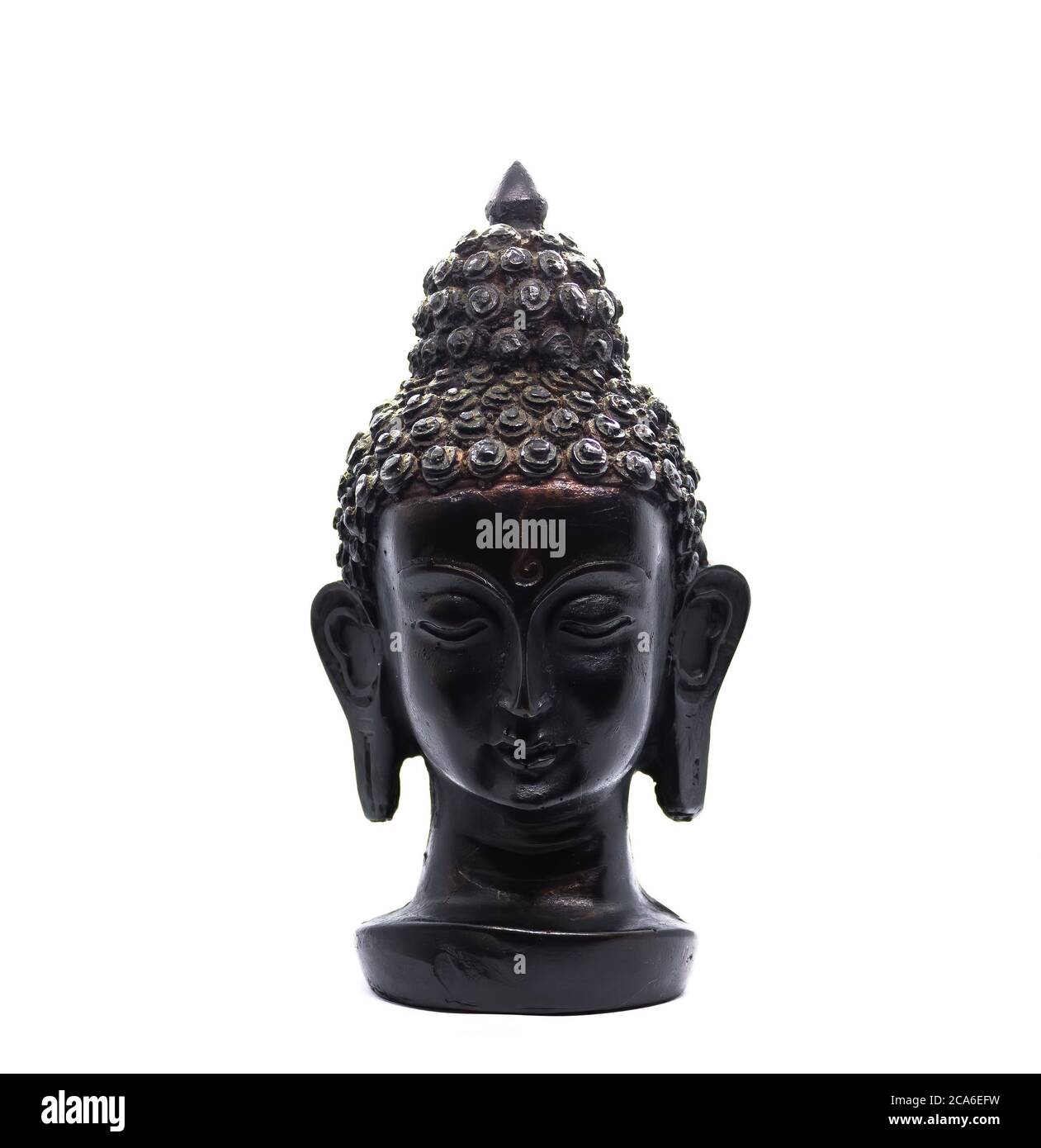 An abstract art containing close up of Black Buddha sculpture against white background Stock Photo