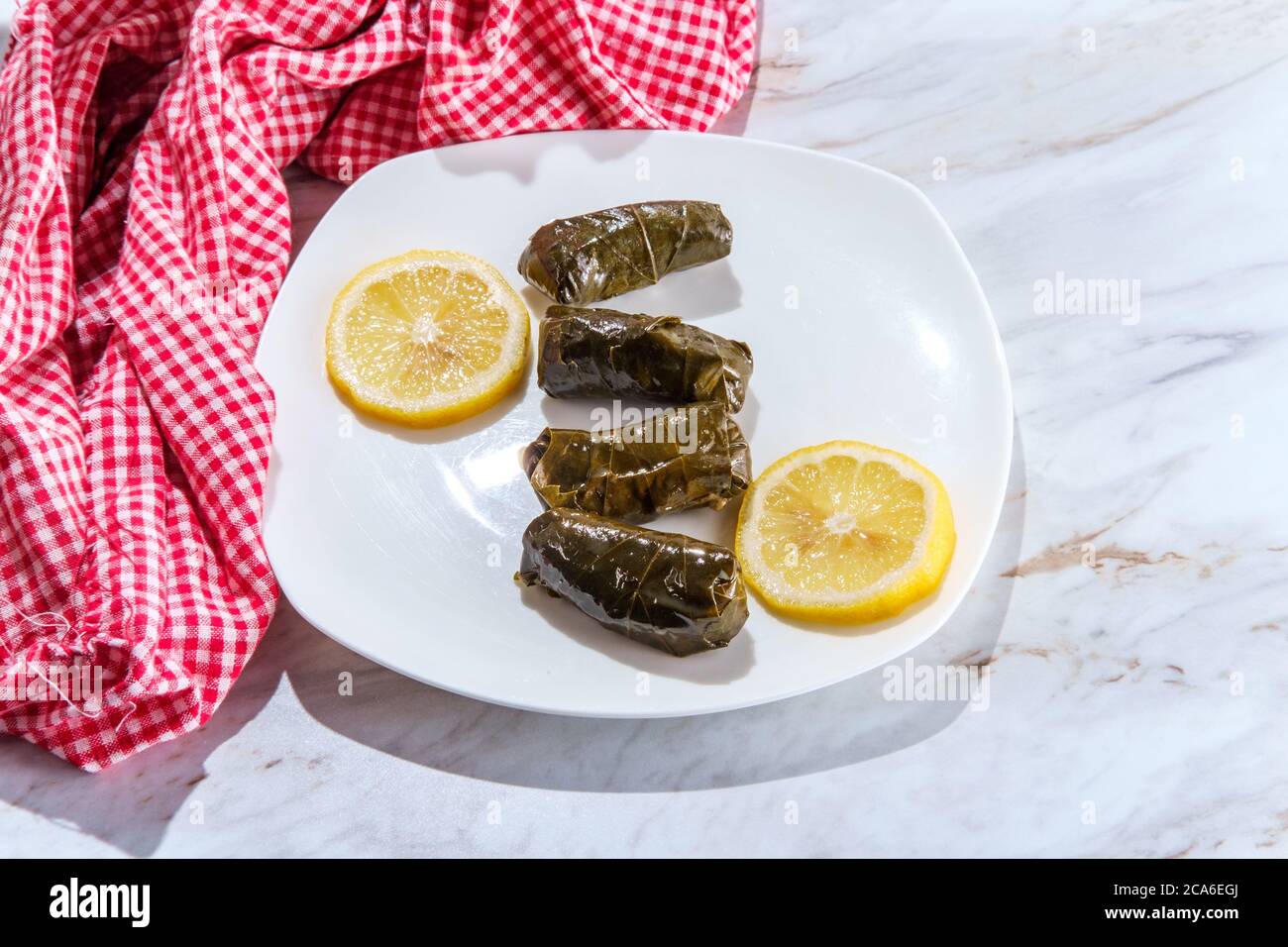 Armenian yaprak dolma, stuffed grape leaves garnished with lemon slices