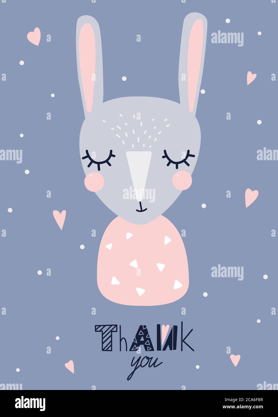 Thank you card with cute bunny in nordic style and funny lettering. Vector illustration Stock Vector