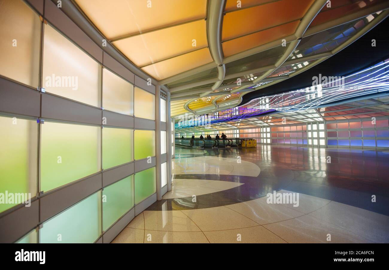 Chicago O’Hare Airport Neon Walkway Tunnel Stock Photo