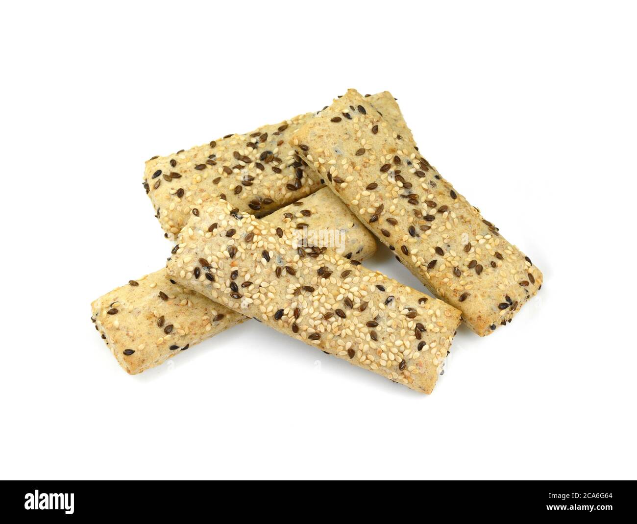Breadsticks or grissini with sesame and linseed isolated on white