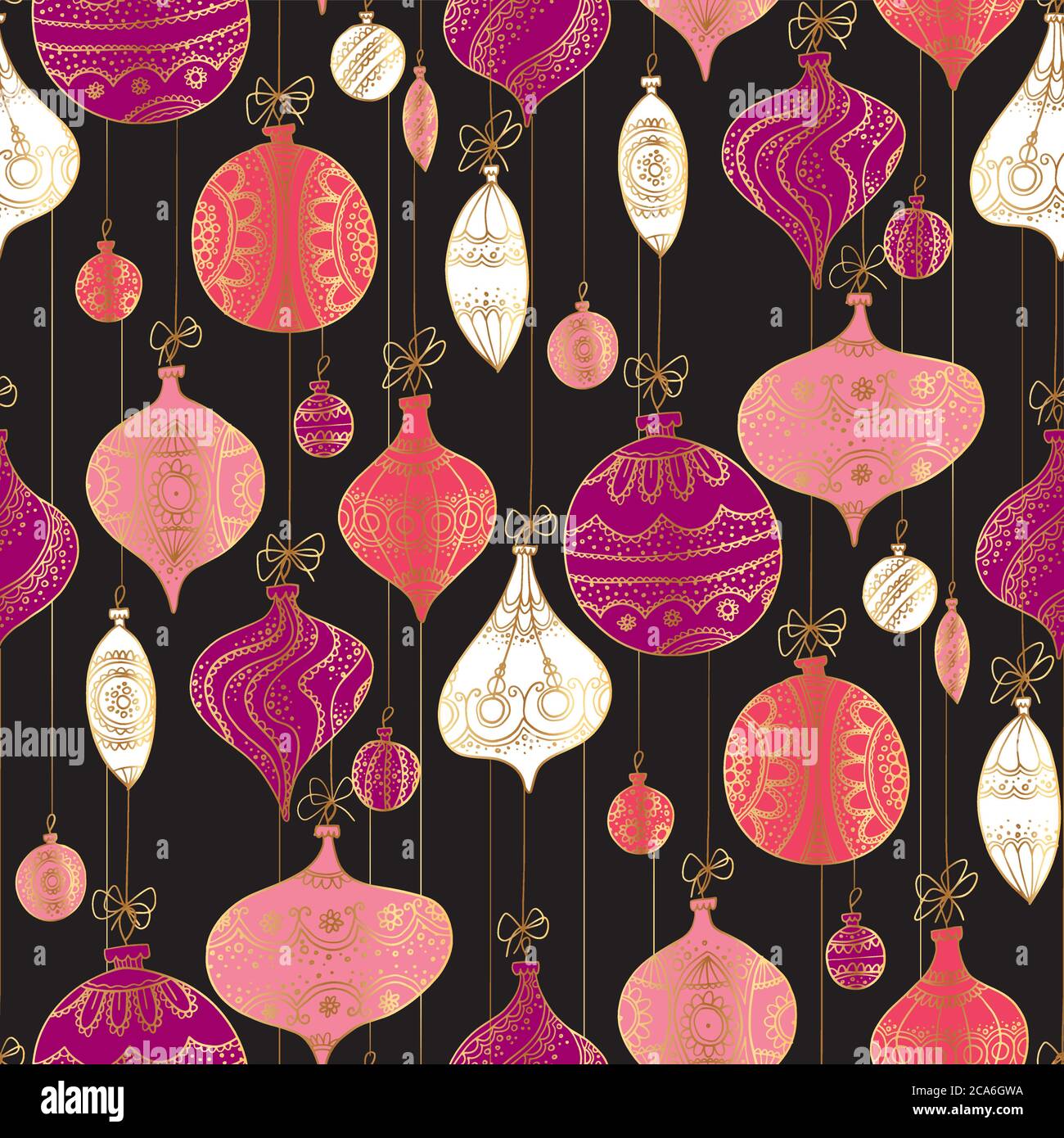 Decorative xmas vintage bauble on black background seamless pattern for background, wrap, fabric, textile, wrap, surface, web and print design. Retro Stock Vector