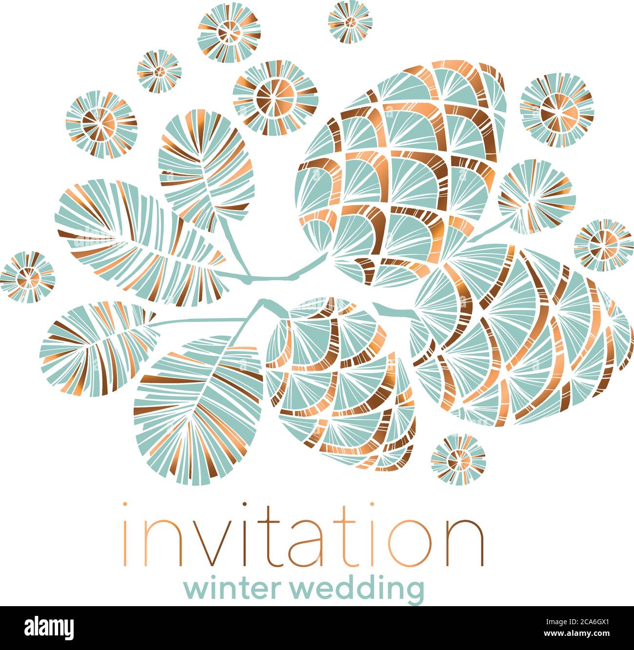 Xmas vibes pastel teal green pine cone composition for card, header, invitation, poster, social media, post publication. Gold and pale blue luxury Chr Stock Vector