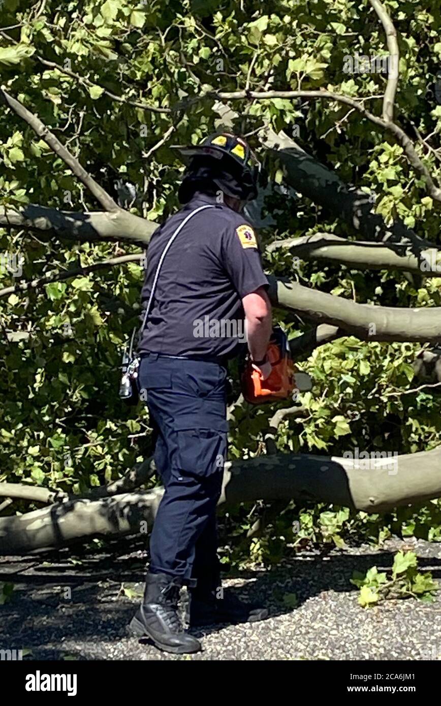 Staten Island, NY, USA. 4th Aug, 2020. New York firemen and emergency service workers remove fallen trees after tropical storm Isiasis brought wind and rain resulting in loss of power and downed trees throughout the tri-state area on August 4, 2020 in New York City. Credit: Mpi99/Media Punch/Alamy Live News Stock Photo