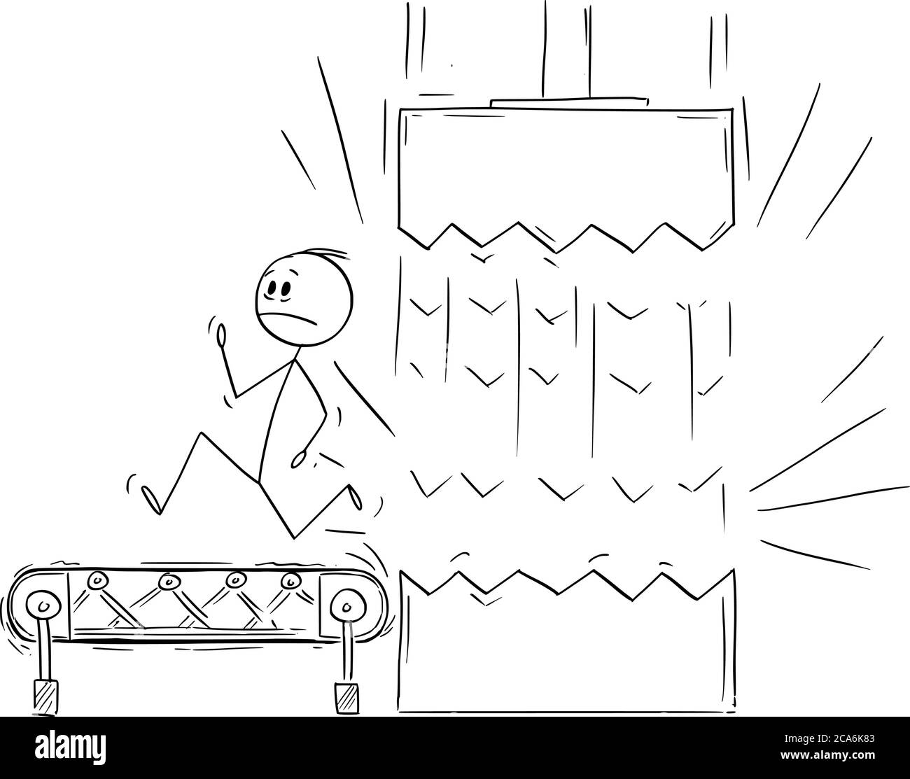 Vector cartoon stick figure drawing conceptual illustration of man or  businessman running on conveyor belt or running machine from crusher,  breaker, grinder or crushing machine Stock Vector Image & Art - Alamy