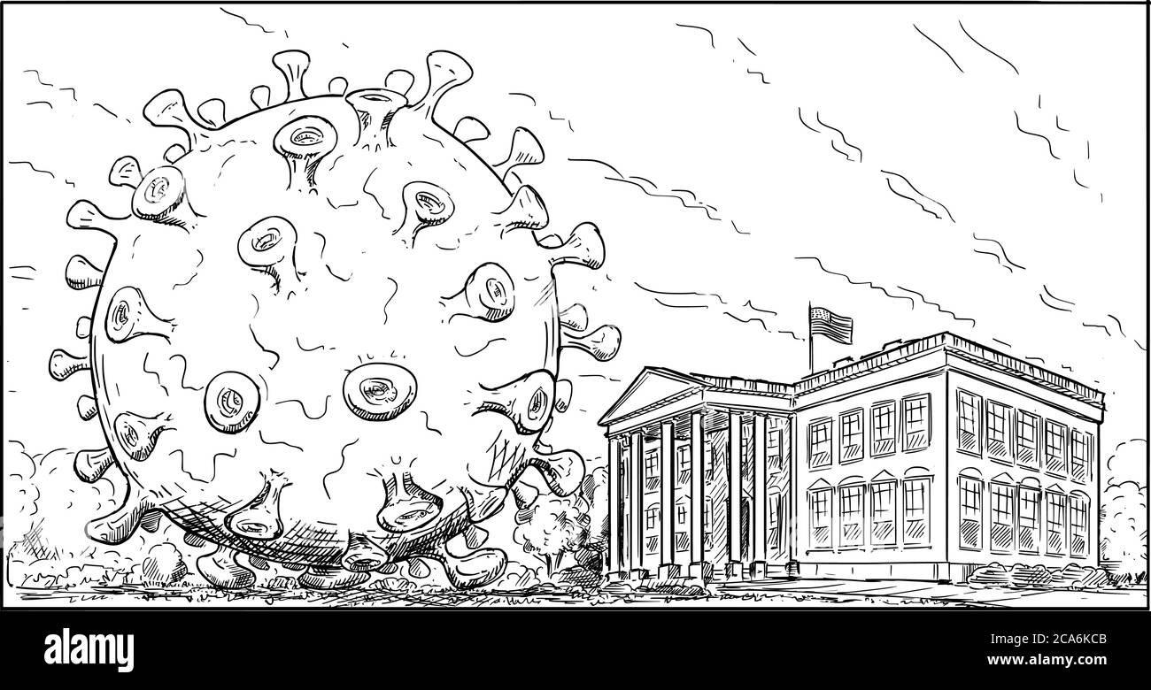 Vector cartoon drawing of giant or big Covid-19 or SARS-CoV-2 coronavirus or virus on White House garden, residence of president of United States, concept of epidemic in US. Stock Vector