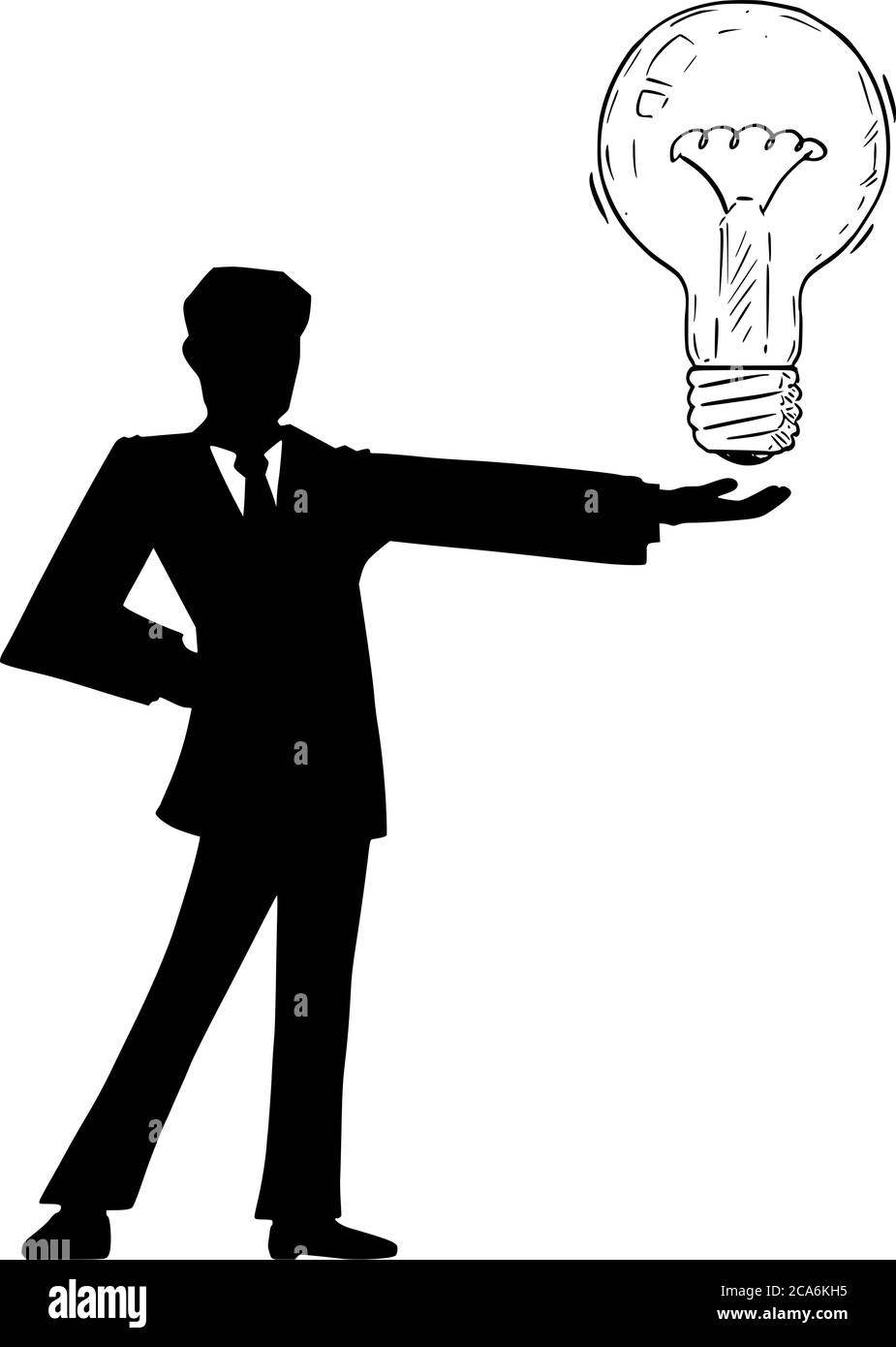 Vector cartoon figure drawing conceptual illustration of black silhouette of man in suit or businessman holding big light bulb. Concept of Idea, creativity or solution. Stock Vector