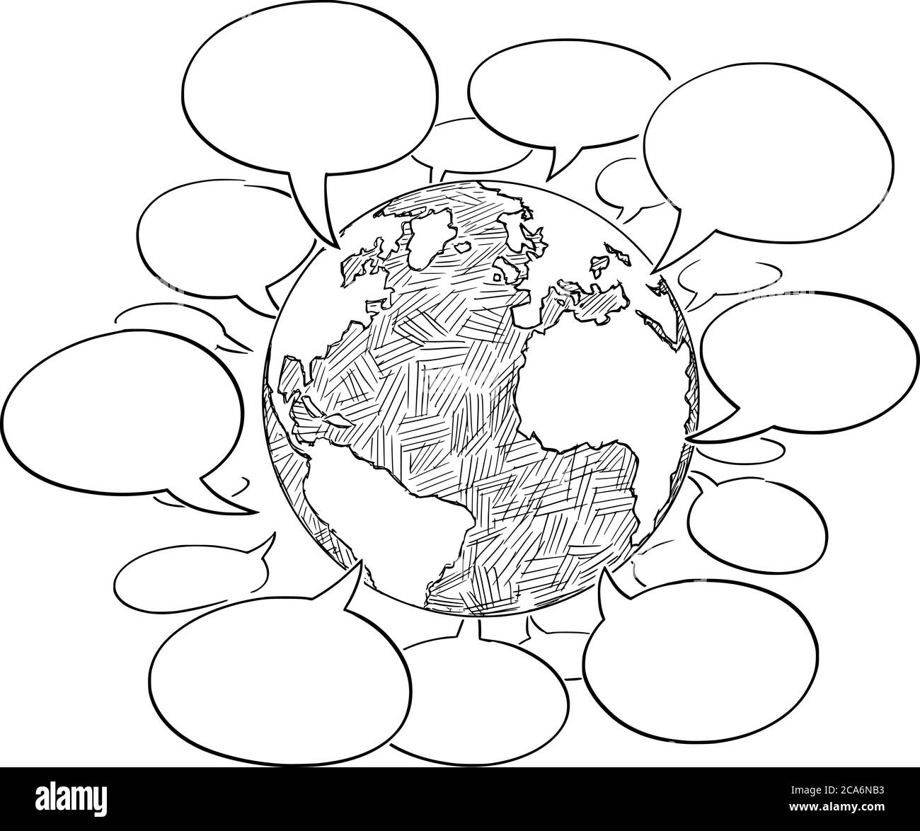 Vector cartoon drawing conceptual illustration of planet Earth Globe with empty speech, talk or Text Balloons or Bubbles. Concept of global communication around world. Stock Vector