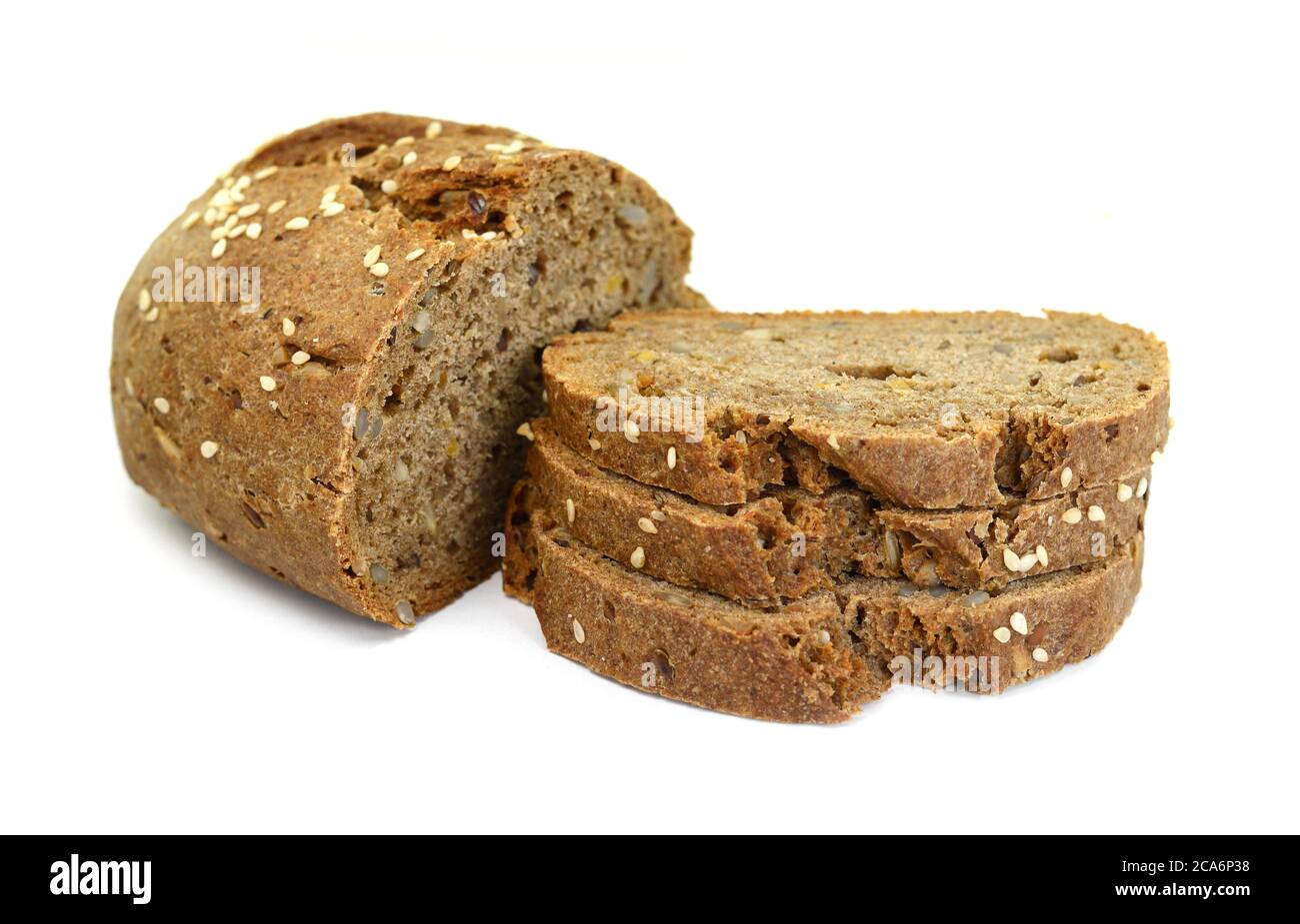 slices of black bread with pumpkin seed and sesame isolated on white ...