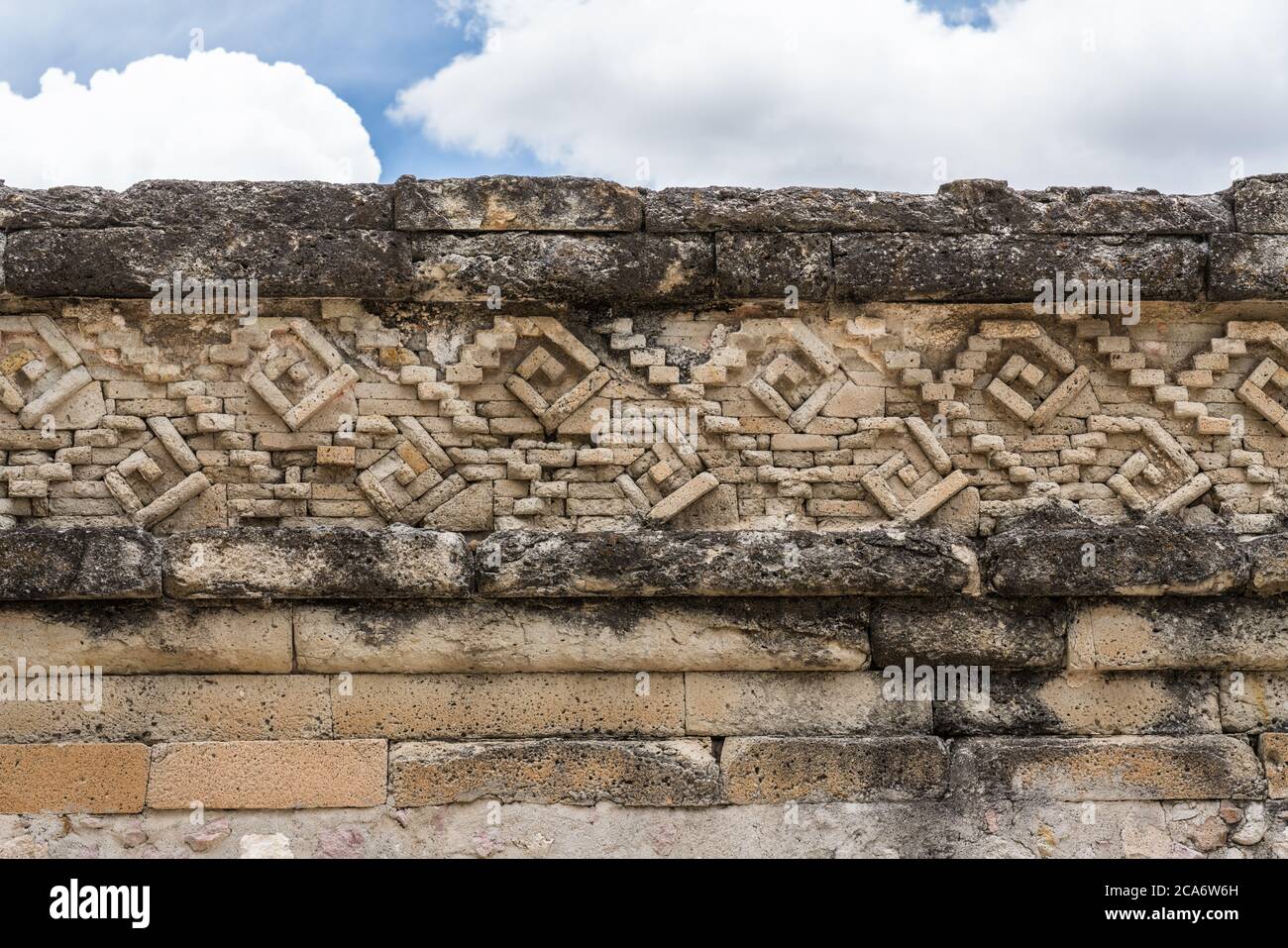 Detail of the stone fretwork panels in the ruins of the Zapotec city of Mitla, Oaxaca, Mexico.  A UNESCO World Heritage site. Stock Photo