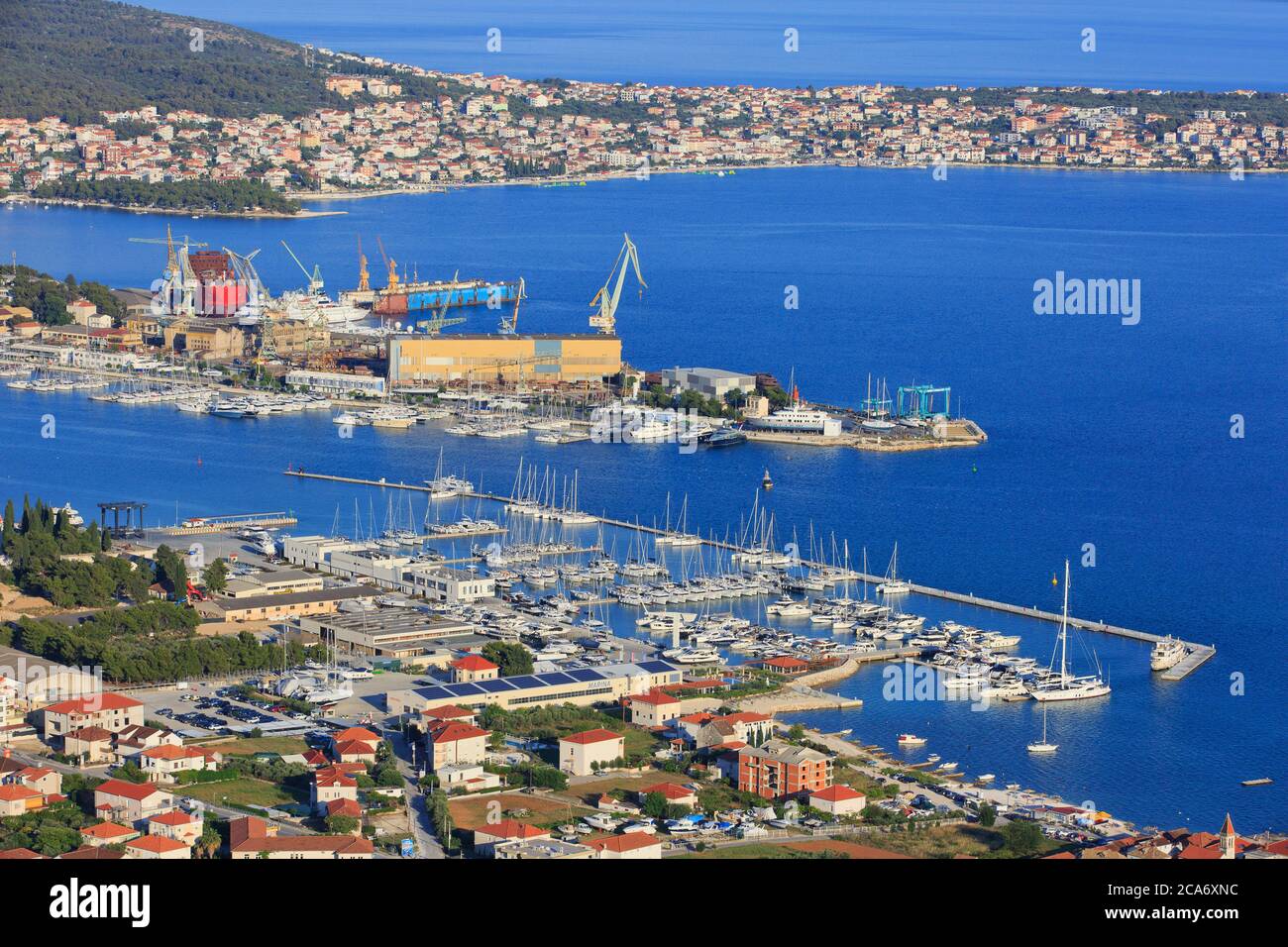 Panoramic view across the shipyard with floating dry dock and marina of Trogir, Croatia Stock Photo
